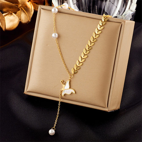 Baroque Style Butterfly Stainless Steel Plating Inlay Shell 18K Gold Plated Pendant Necklace