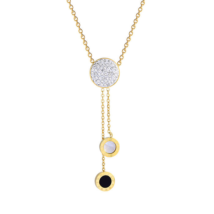 Streetwear Round Stainless Steel Plating Inlay Rhinestones 18K Gold Plated Pendant Necklace