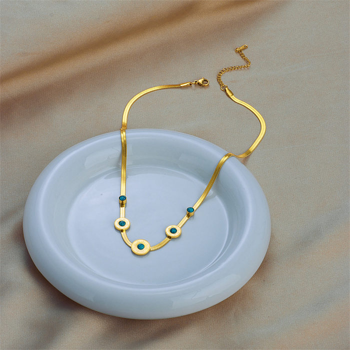 Runde Retro-Halskette aus Edelstahl mit Emaille-Beschichtung und türkisfarbener 18-Karat-Vergoldung
