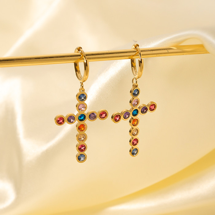 1 Pair IG Style Cross Plating Inlay Stainless Steel  Rhinestones 18K Gold Plated Drop Earrings