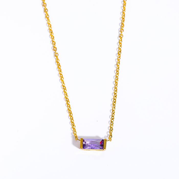 1 Piece Retro Rectangle Stainless Steel  Inlay Birthstone Zircon Pendant Necklace