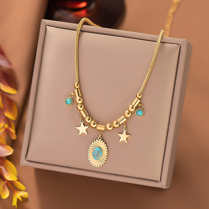 Streetwear Star Eye Stainless Steel Plating Inlay Artificial Gemstones Turquoise Pendant Necklace