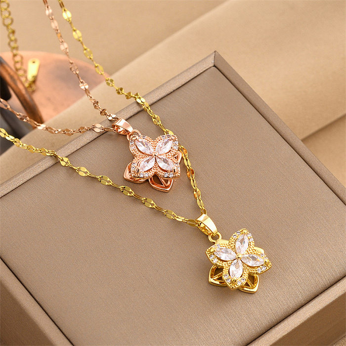 Simple Style Flower Stainless Steel Inlaid Zircon Pendant Necklace