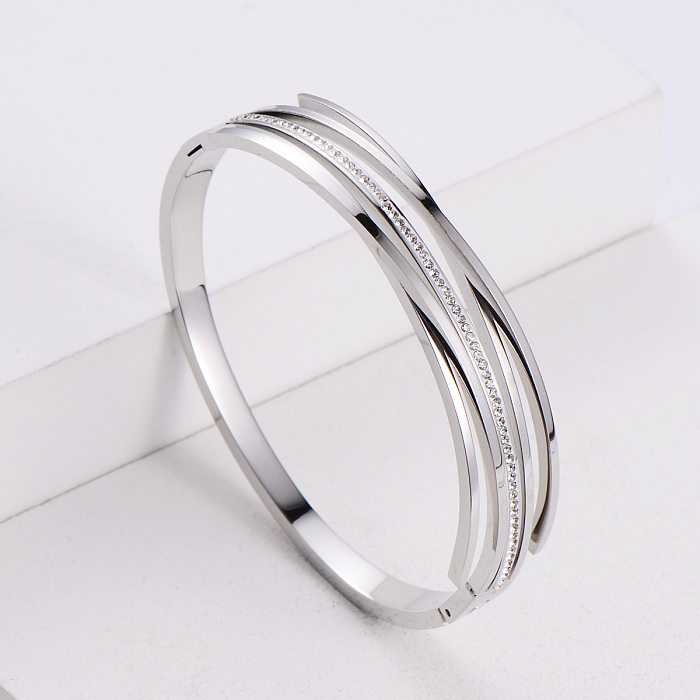 Korean Simple Stainless Steel Striped Three-color Rhinestone Bracelet Wholesale jewelry