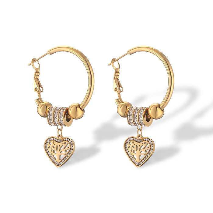 1 par estilo simples comute coração forma chapeamento incrustação de aço inoxidável zircão 18k brincos banhados a ouro