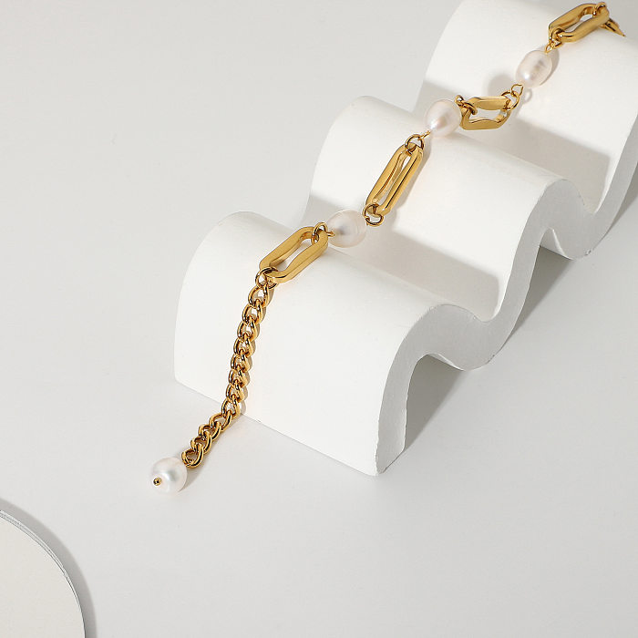 Pulsera de acero chapado en oro con cadena rectangular de perlas barrocas