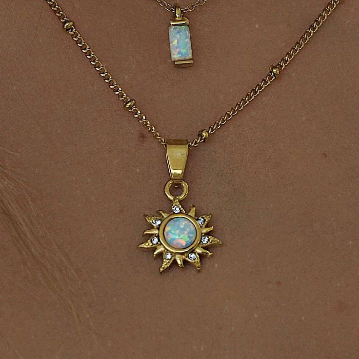 Casual Retro Round Sun Stainless Steel  Plating Inlay Opal 18K Gold Plated Pendant Necklace