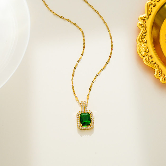 Elegante estilo simples quadrado chapeamento de aço inoxidável inlay zircon 18K colar pingente banhado a ouro