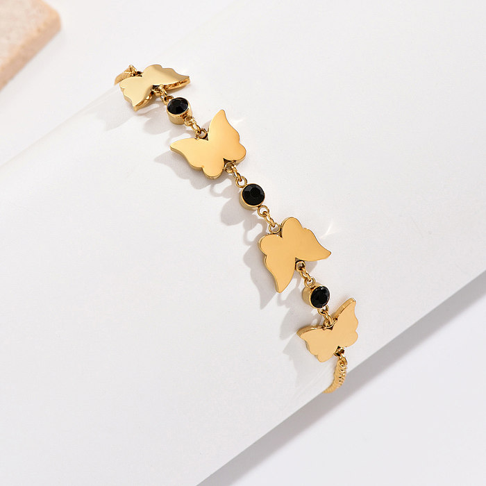 Elegant Korean Style Butterfly Stainless Steel Plating Inlay Rhinestones 14K Gold Plated Bracelets