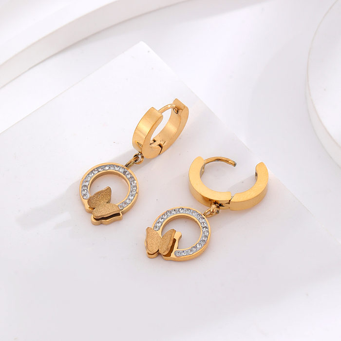 1 Pair Classic Style Round Heart Shape Butterfly Stainless Steel Plating Inlay Rhinestones 24K Gold Plated Drop Earrings