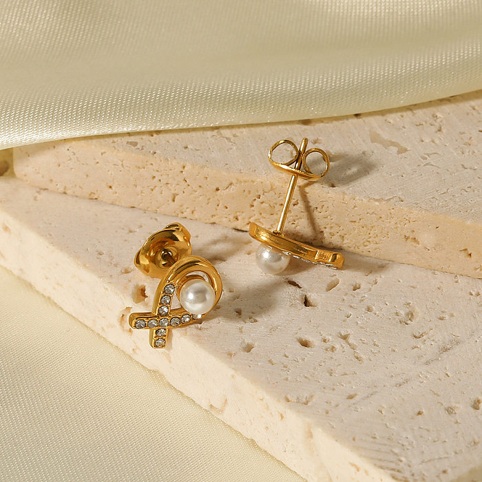 1 Paar lässige, moderne Ohrstecker mit runder Beschichtung und Inlay aus Edelstahl, Perle und Zirkon, 18 Karat vergoldet
