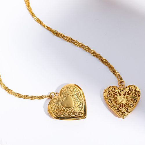 Casual estilo vintage estilo clássico formato de coração chapeamento de aço inoxidável oco colar com pingente banhado a ouro 18K