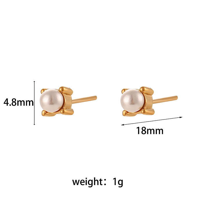 Simple Style Round Stainless Steel  Plating Inlay Artificial Pearls Zircon Ear Studs 1 Pair