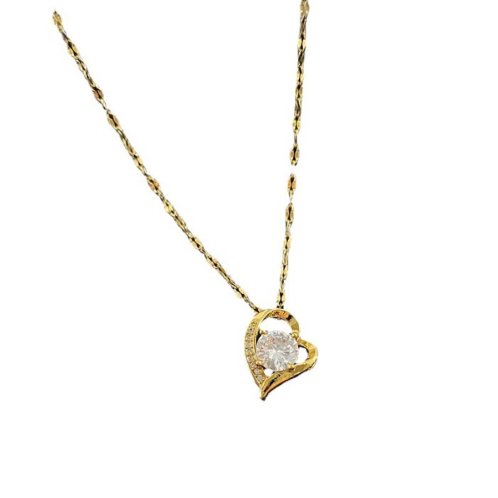 Fashion Heart Shape Stainless Steel Copper Chain Inlay Artificial Diamond Pendant Necklace