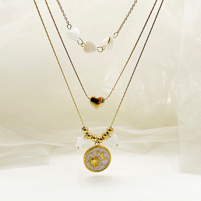 Estilo IG estilo simples Sun Moon formato de coração em aço inoxidável banhado a ouro colar de três camadas