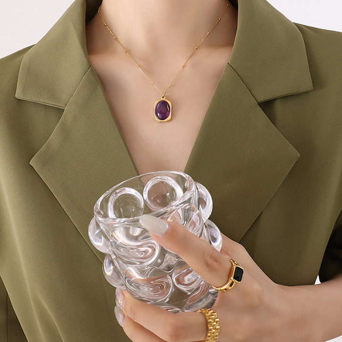 Collier pendentif en pierre naturelle rétro vert violet en acier inoxydable à la mode