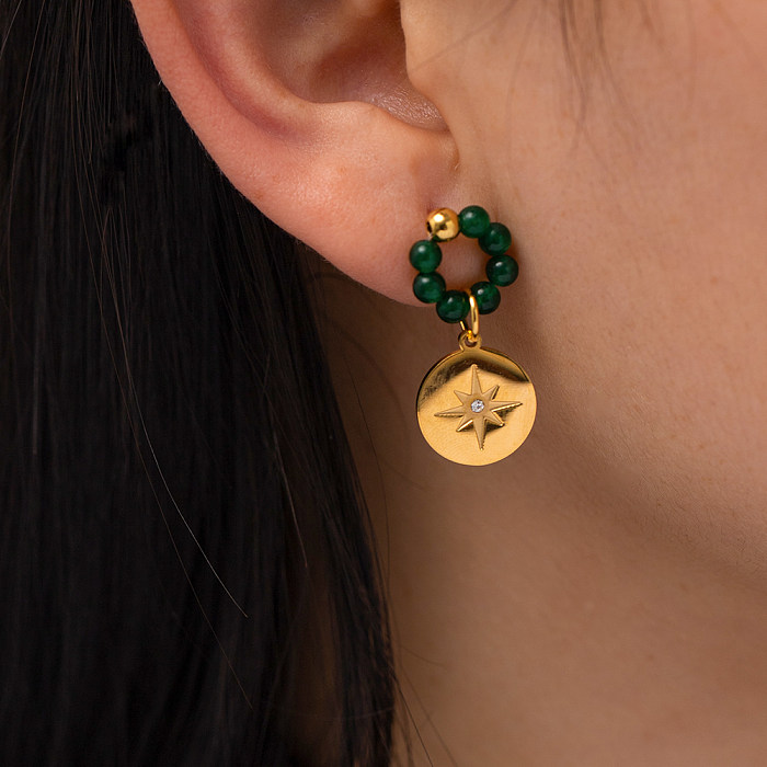 Boucles d'oreilles pendantes en pierre naturelle, Style Simple, hexagramme plaqué en acier inoxydable, 1 paire