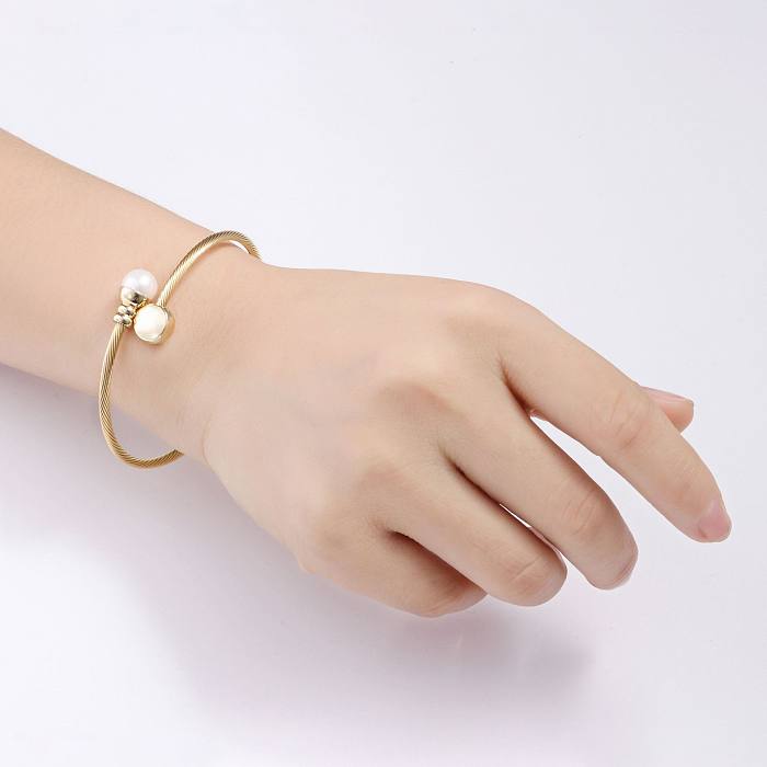 Simple Style Round Stainless Steel Copper Inlay Pearl Bangle