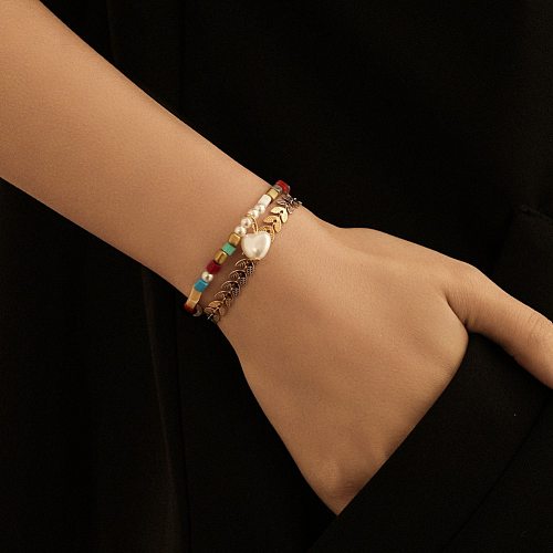 Bracelet simple en acier titane et pierre de couleur perle, double couche, cœur