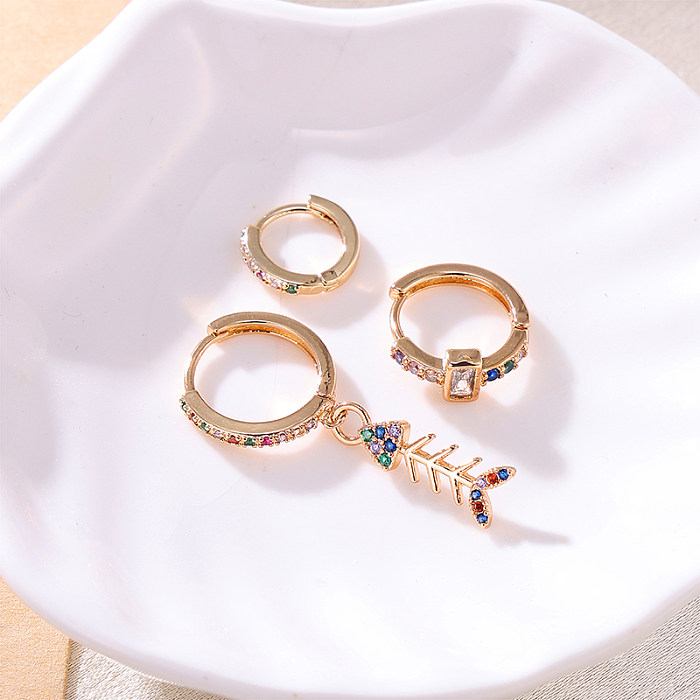 Ensemble de 3 pièces Glam luxueux cercle brillant placage d'os de poisson incrustation en acier inoxydable Zircon plaqué or 18 carats boucles d'oreilles pendantes