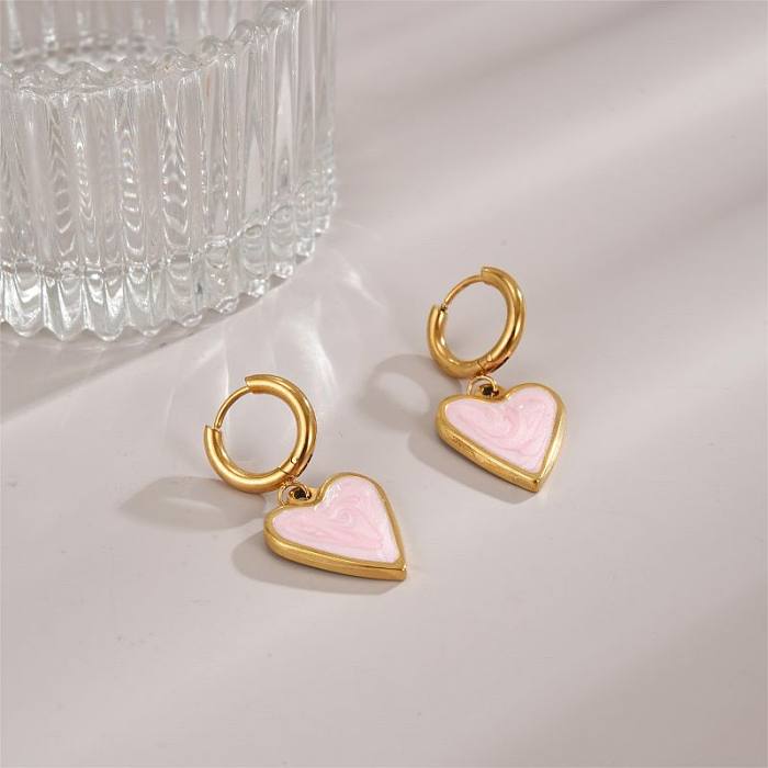 1 Pair IG Style Heart Shape Enamel Plating Stainless Steel  18K Gold Plated Drop Earrings
