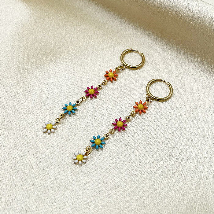Boucles d'oreilles pendantes en acier inoxydable, 1 paire, jolie fleur douce, polissage, placage d'émail, plaqué or