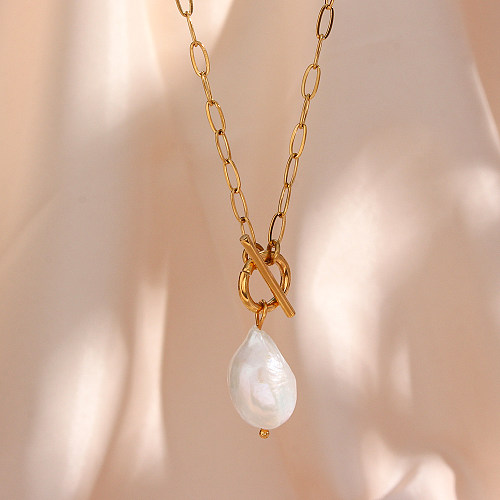 Collier avec pendentif à bascule en perles d'eau douce, Style Vintage élégant, irrégulier en acier inoxydable