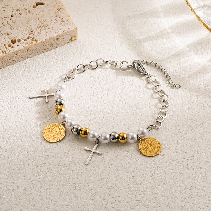 Casual Artistic Cross Devil'S Eye Butterfly Stainless Steel Imitation Pearl Layered Gold Plated Bracelets