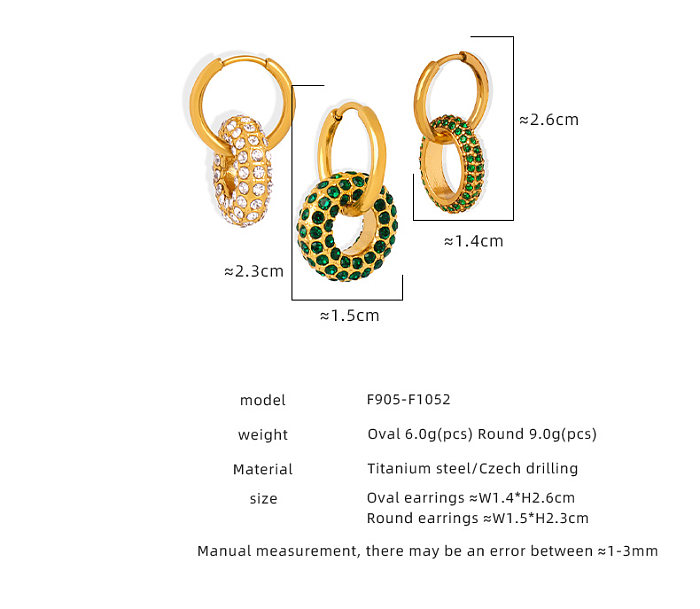 1 Paar elegante, luxuriöse Doppelring-Beschichtungs-Inlay-Ohrringe aus Edelstahl mit Strasssteinen und 18 Karat vergoldet