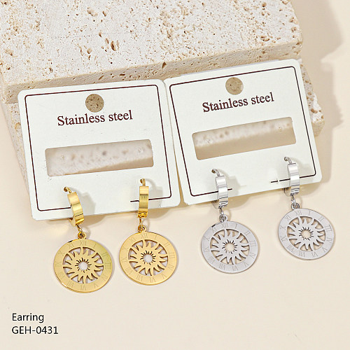 1 paire de boucles d'oreilles pendantes en acier inoxydable plaqué or et argent, Style classique, rond, soleil, chiffre romain, sculpture