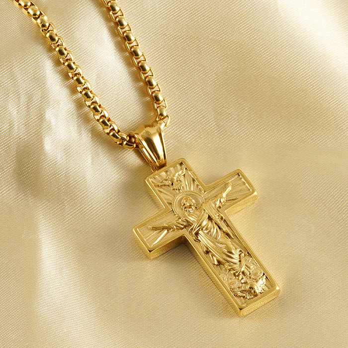 Collier avec pendentif croix rétro en acier inoxydable plaqué or 1 carats, 18 pièce, vente en gros