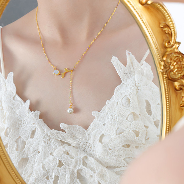 Sweet Flower Stainless Steel Plating Inlay Artificial Pearls Shell 18K Gold Plated Pendant Necklace