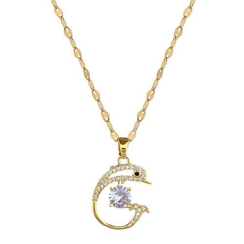 Basic Dolphin Stainless Steel  Copper Inlay Artificial Gemstones Pendant Necklace