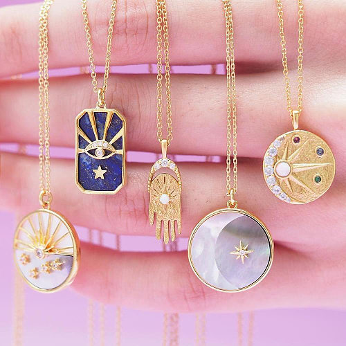 Retro Beach Roman Style Round Star Moon Stainless Steel  Plating 18K Gold Plated Pendant Necklace