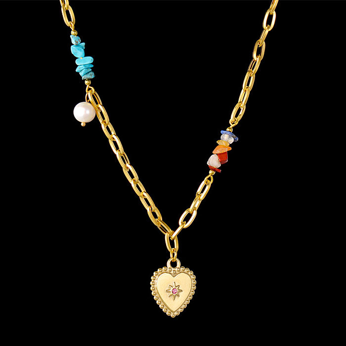 Fashion Heart Shape Stainless Steel  Pendant Necklace Plating Natural Stone Stainless Steel  Necklaces