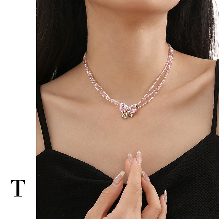 Sweet Bow Knot Stainless Steel Copper Plating Inlay Zircon Gold Plated Pendant Necklace
