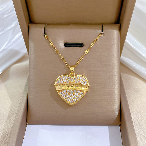 Collier luxueux avec pendentif en forme de cœur et de lettres, en acier inoxydable, plaqué cuivre, incrustation de Zircon