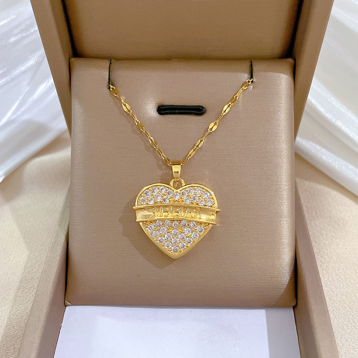 Luxurious Letter Heart Shape Stainless Steel Copper Plating Inlay Zircon Pendant Necklace