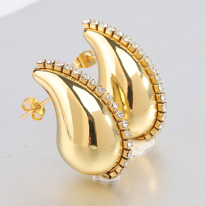 1 Pair Simple Style Water Droplets Plating Inlay Stainless Steel Zircon 18K Gold Plated Ear Studs