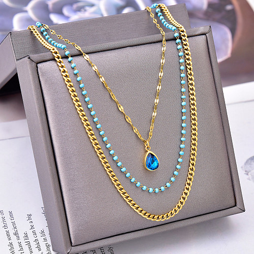 Vintage Style Luxurious Water Droplets Stainless Steel Plating Inlay Zircon 18K Gold Plated Layered Necklaces