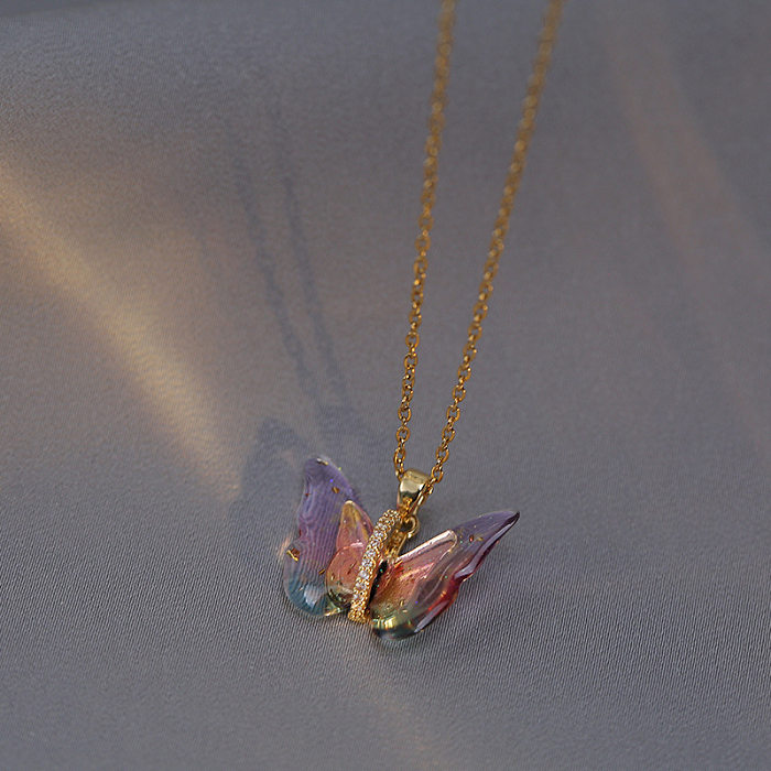 Sweet Butterfly Stainless Steel Inlay Zircon Pendants Pendant Necklace