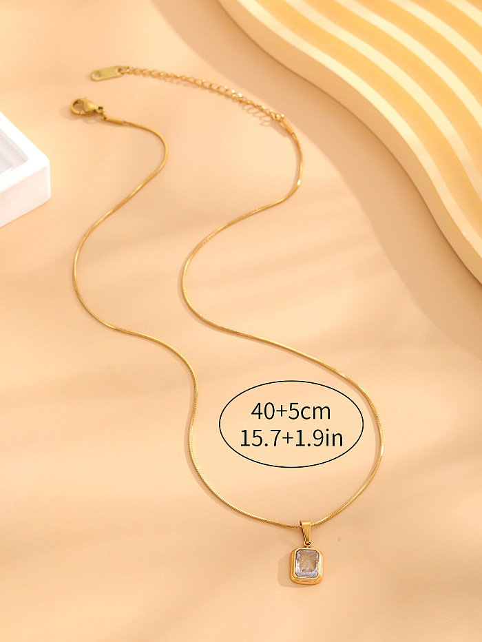 Elegant Retro Round Square Stainless Steel Plating Inlay Zircon Gold Plated Pendant Necklace
