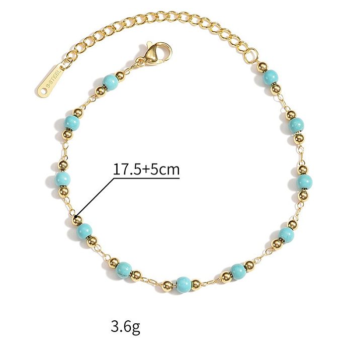 Retro French Style Round Stainless Steel Turquoise Beaded Plating 18K Gold Plated Bracelets