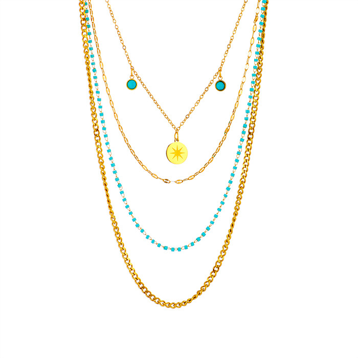 Retro Round Stainless Steel Beaded Gold Plated Inlay Turquoise Layered Necklaces 1 Piece