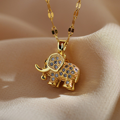 Cute Elephant Stainless Steel Copper Plating Inlay Zircon Gold Plated Pendant Necklace