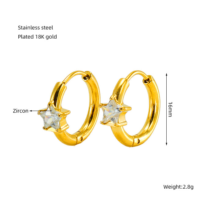 1 paire de boucles d'oreilles élégantes rétro avec incrustation d'étoiles en acier inoxydable et Zircon plaqué or 18 carats