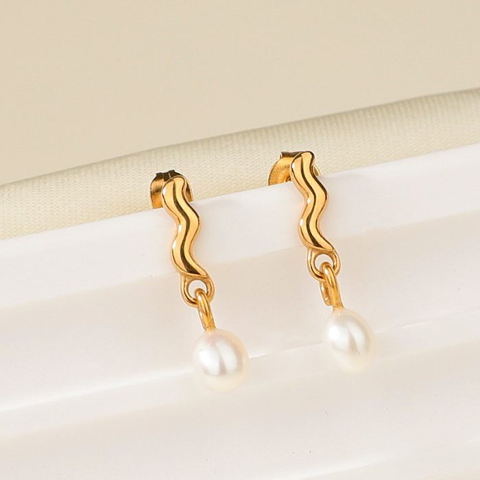Boucles d'oreilles pendantes en acier inoxydable, Style Simple, incrustation de couleur unie, perle plaquée or, 1 paire