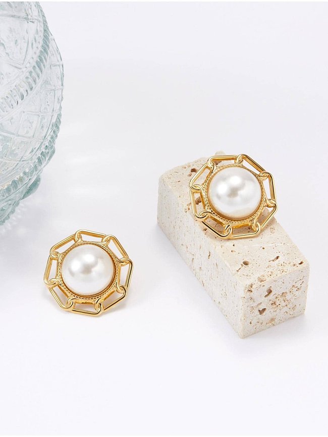 1 paire de clous d'oreilles plaqués or 18 carats, Style Simple, incrustation ronde en acier inoxydable, perles