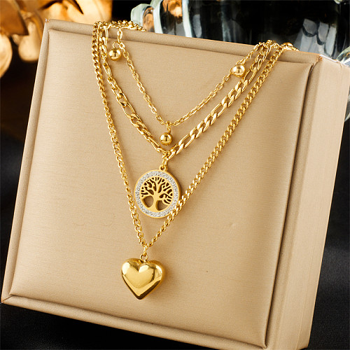Retro Tree Heart Shape Stainless Steel Plating 18K Gold Plated Layered Necklaces