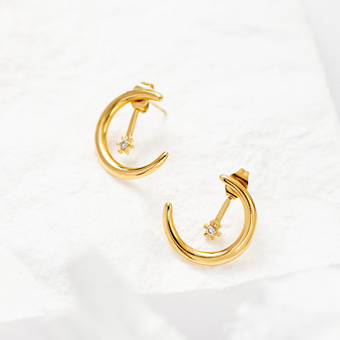 Women'S Fashion Simple Style Star Moon Stainless Steel Artificial Gemstones Earrings Stainless Steel  Earrings